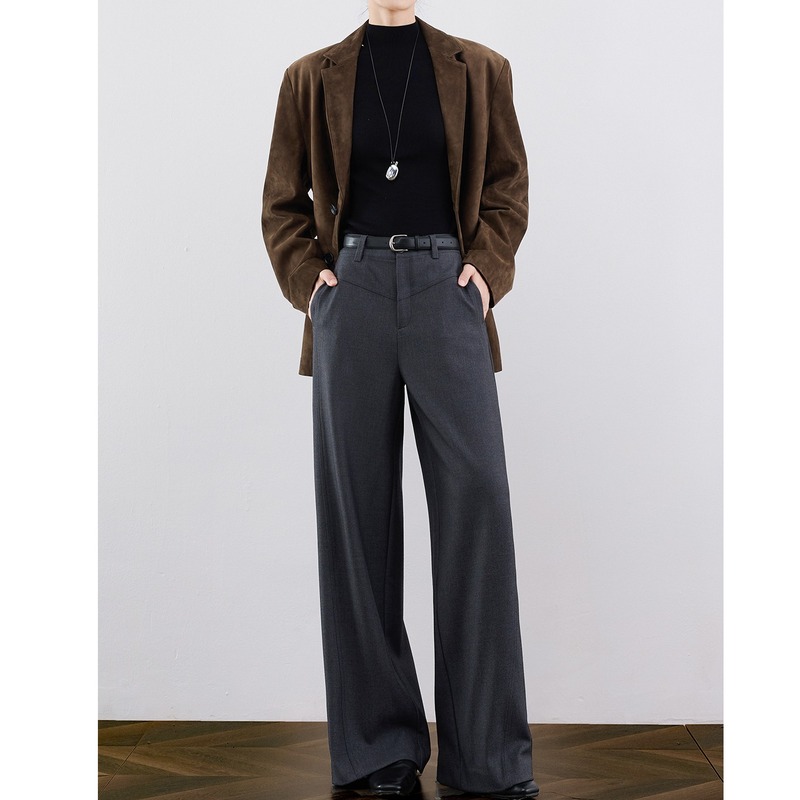 ZHEYE 【ацетатная шерсть】 Серые костюмные брюки женские узкие повседневные широкие брюки с драпировкой, удлиненные прямые брюки