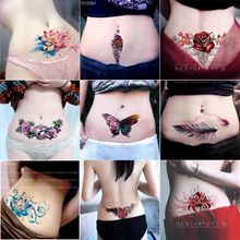 Abdominal tattoo with wings, lace, rose flowers covering belly and lower abdominal scars, pregnancy pattern set of 9 waterproof sheets