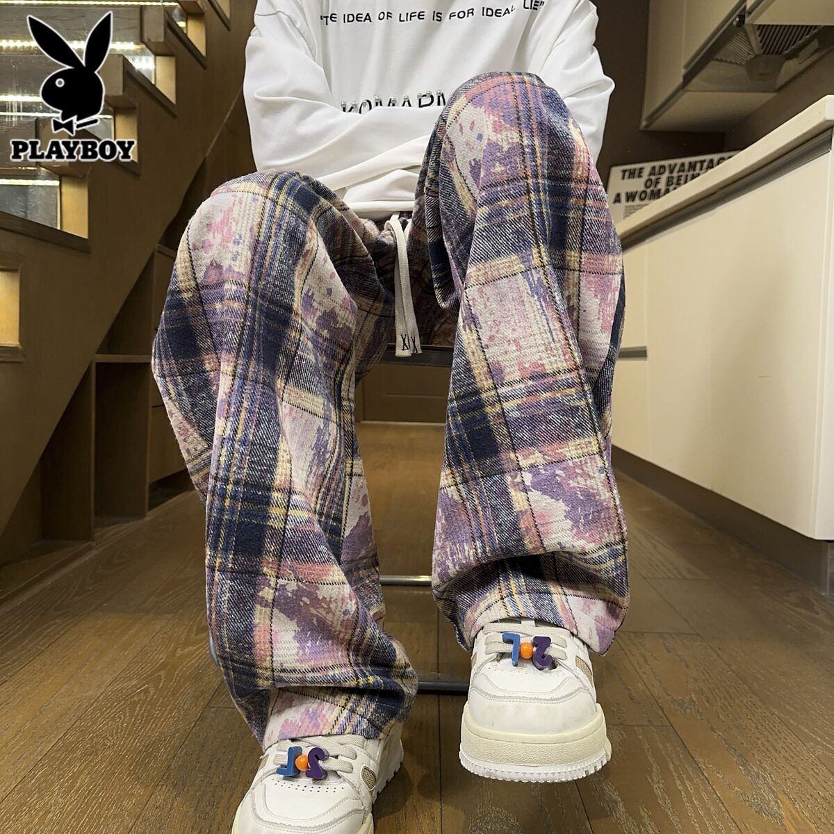 Брюки в клетку Playboy tie-dye, мужские осенние плиссированные широкие брюки в американском стиле, брендовые свободные повседневные брюки tide, мужские