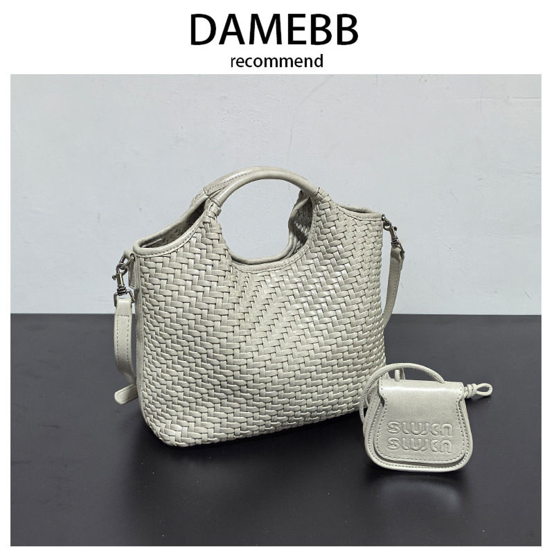 Корзина для овощей из воловьей кожи с текстурой Damebb, портативная сумка-тоут, женская летняя новинка 2026 года, тканая вручную сумка-мессенджер на одно плечо