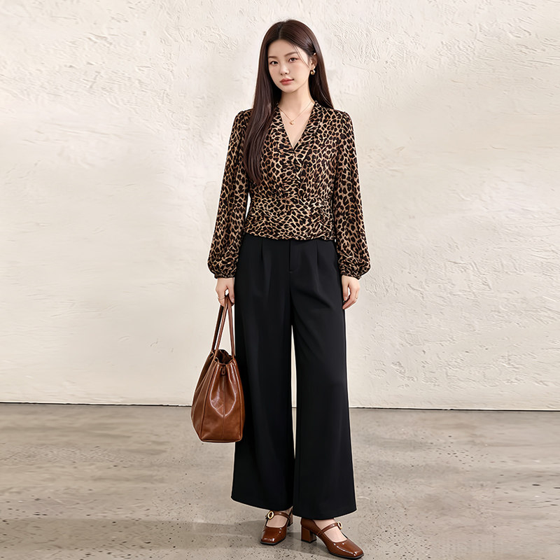Anzhi Plus Size Women's Clothing - Autumn New Retro Leopard Print V-Neck Long Sleeve Shirt Top and Wide Leg Pants Set