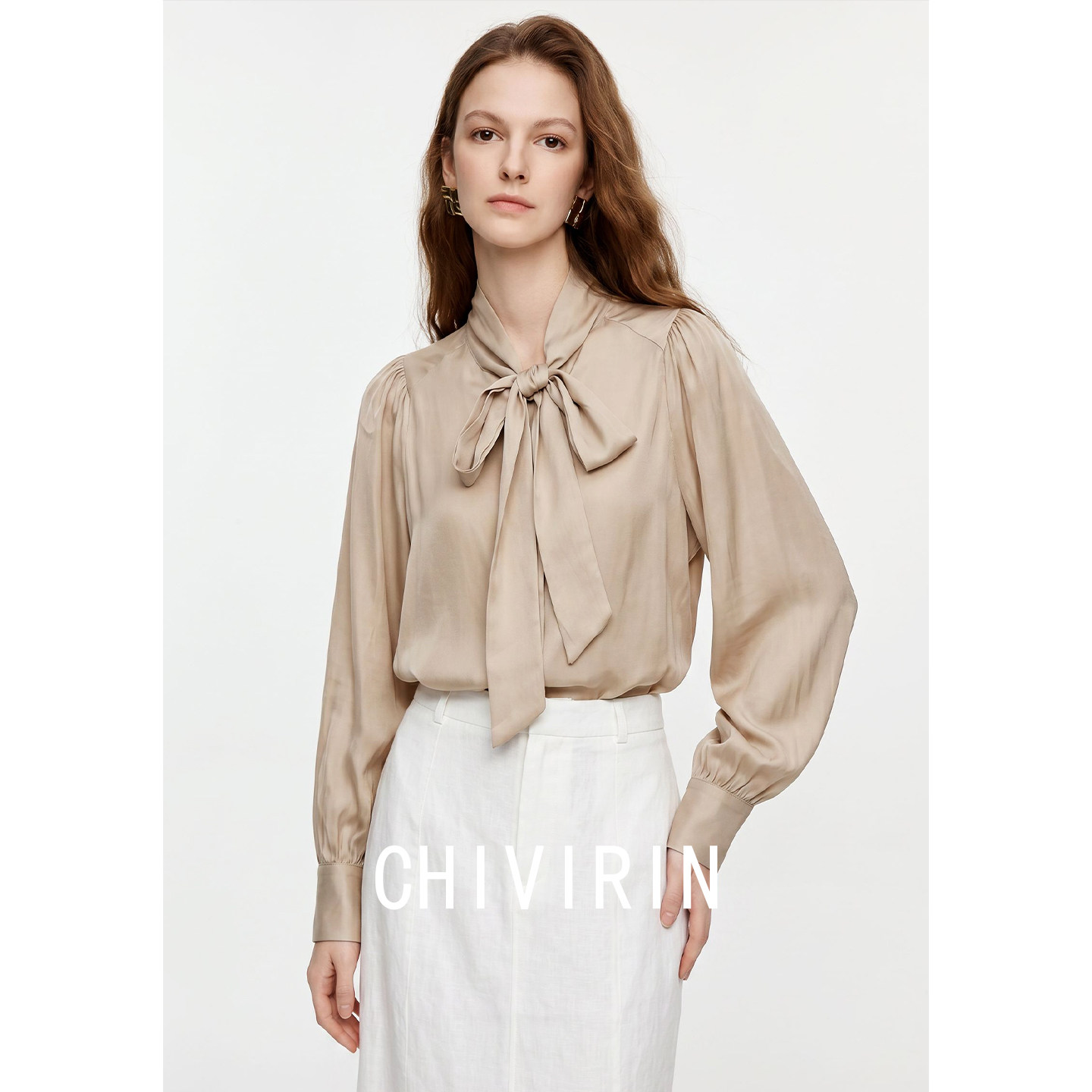 Gentle and graceful style, loose-fitting silk blouse with ribbon, women's 2026 new summer and autumn style, light luxury satin shirt.