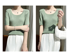 U-neck drawstring short sleeved women's 100% wool pullover knitted bottom half sleeved top