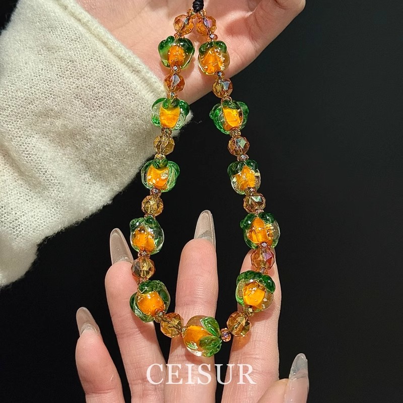 Japanese DEMIU 【May All Your Wishes Come True】Glass Persimmon Glow-in-the-Dark Beaded Phone Chain/Nickel Strap