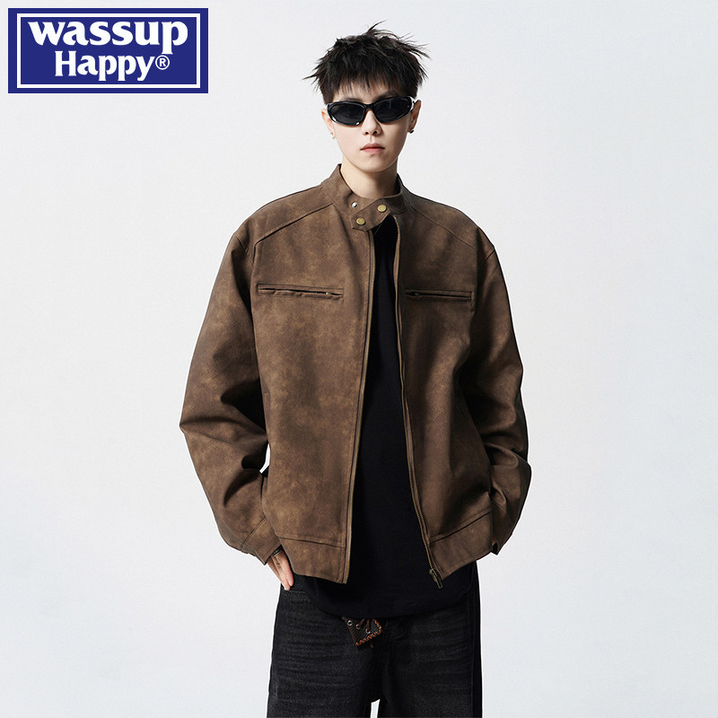 модная кожаная куртка wassup happy high street, мужская весенне-осенняя свободная универсальная повседневная куртка в стиле американского ретро