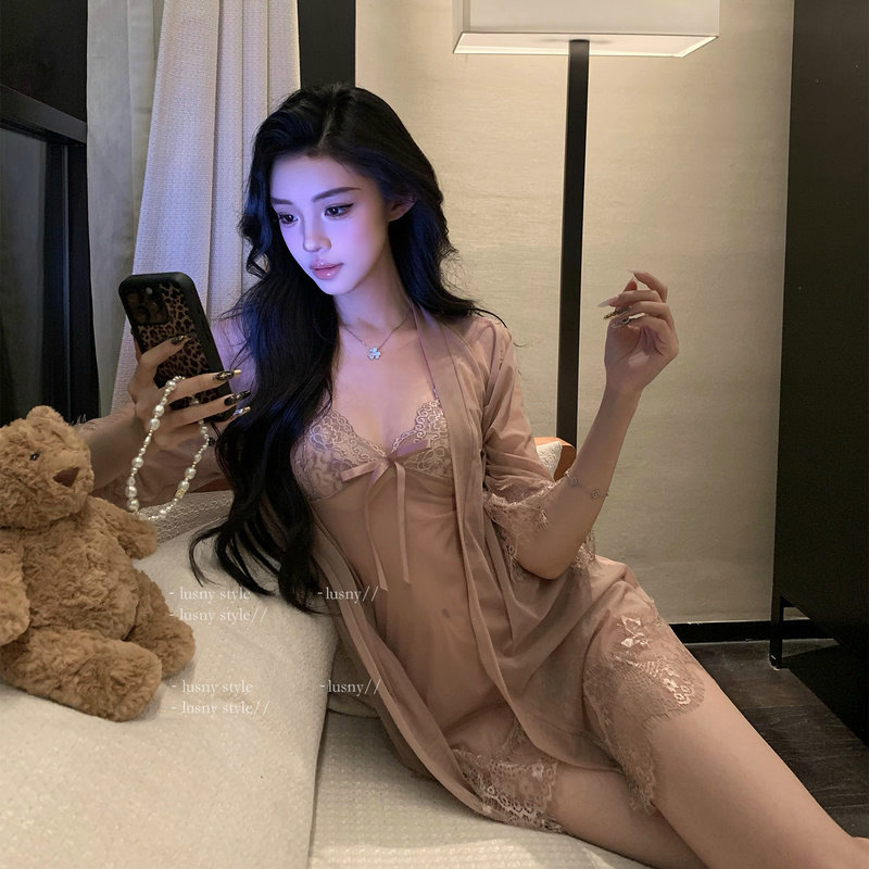 Долгая ночь дяди Лу * Сексуальная пижама Pure Desire, женская новинка 2025 года, кружевная ночная рубашка на бретелях из высококачественной сетки