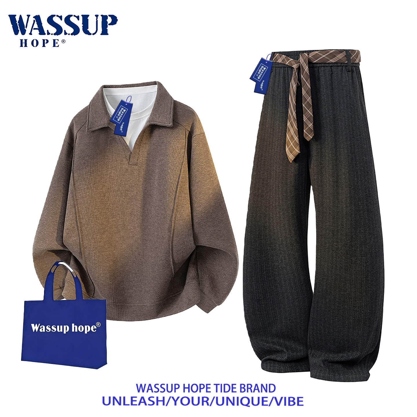Костюм-свитер с текстурой WASSUP HOPE, мужской осенний американский ретро-хулиганский красивый мужской костюм-двойка в стиле old money