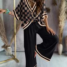 Women&39;s printed bat sleeve casual top+wide leg pants