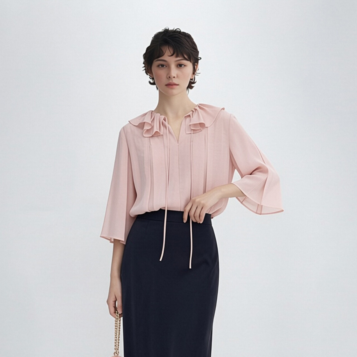 Qian Nian Qiu French V-neck ruffled tie pleated shirt for women, gentle and professional style, youthful and age-reducing top