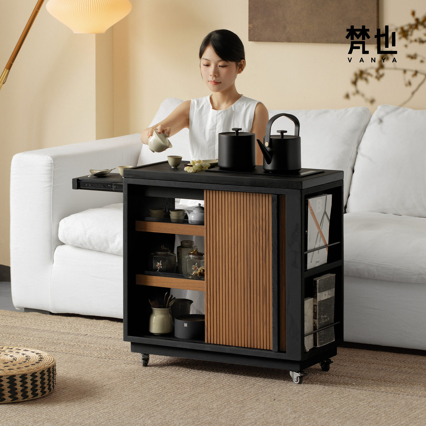 Чайный столик Fanye furniture listening to the rain, передвижной журнальный столик, чайный шкафчик из массива тикового дерева, чайник, тележка для чая из камня Уцзинь