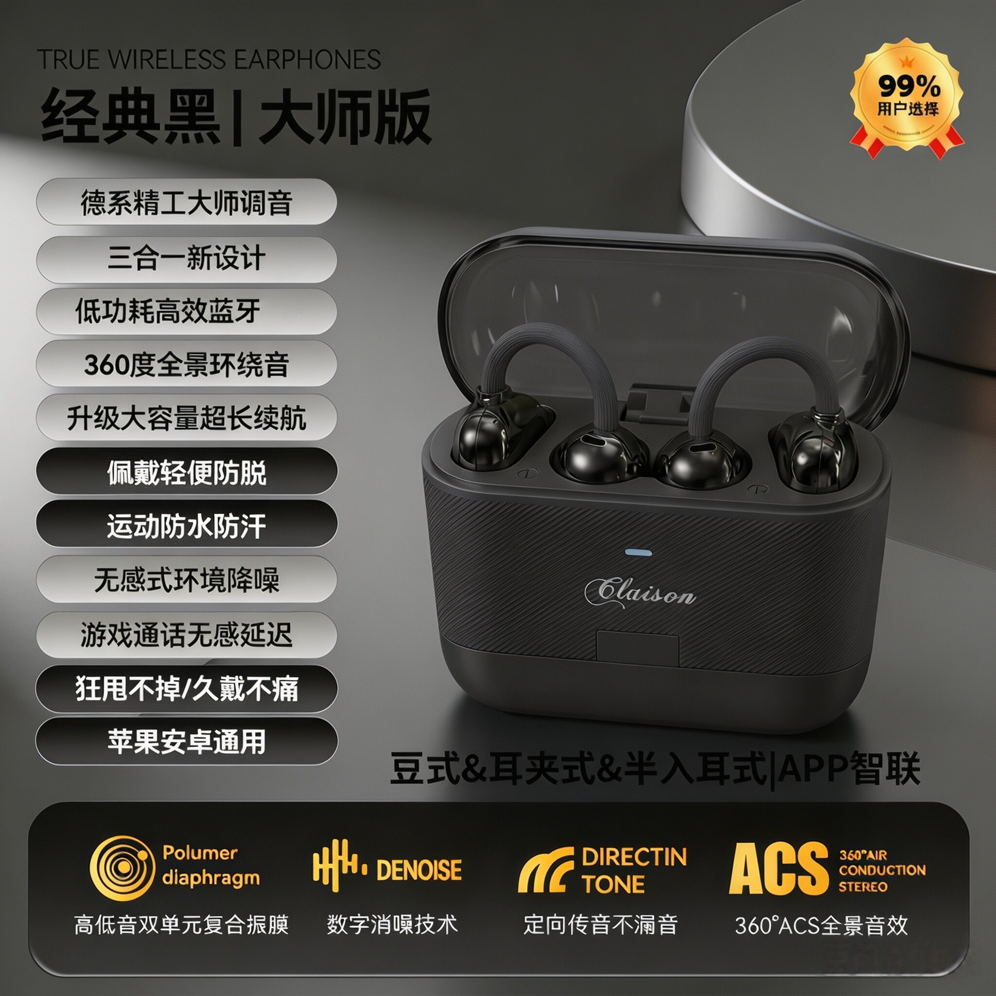 新款柏林之音无线蓝牙耳机耳夹入耳睡眠三合一智能降噪超长续航