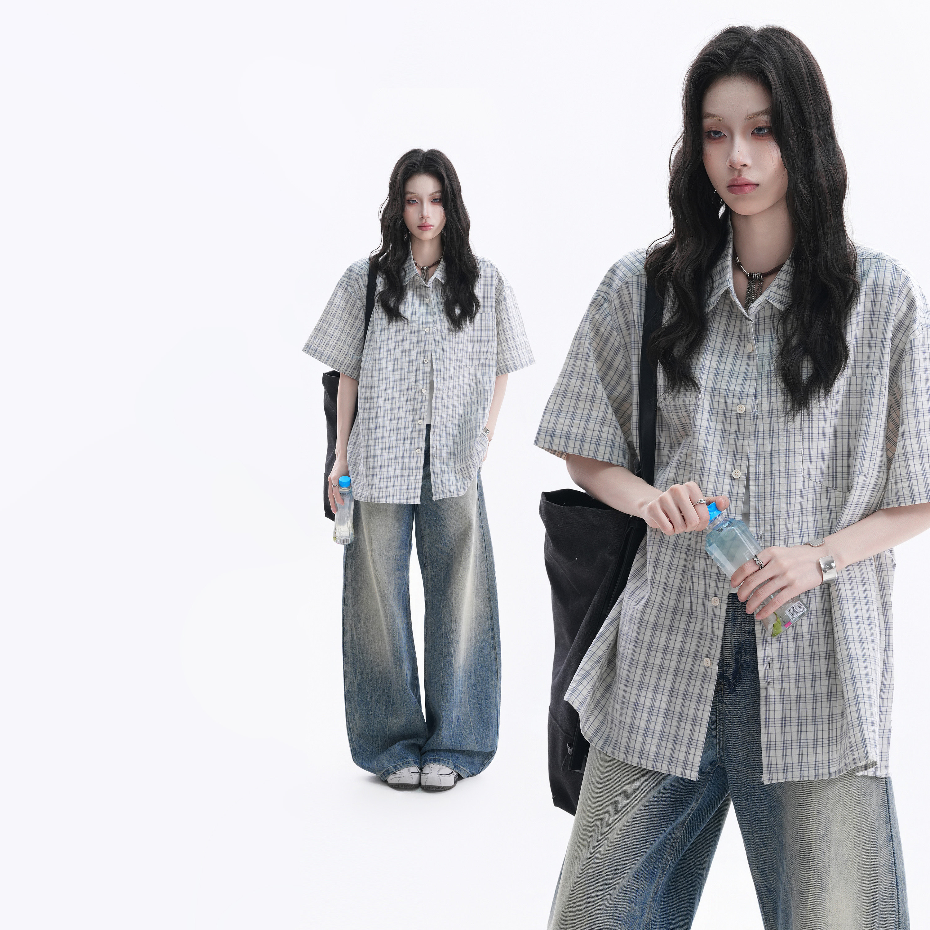 [Living off one's savings] Japanese retro color-blocked plaid collared short-sleeved shirt for women, summer style, old-fashioned oversized shirt.
