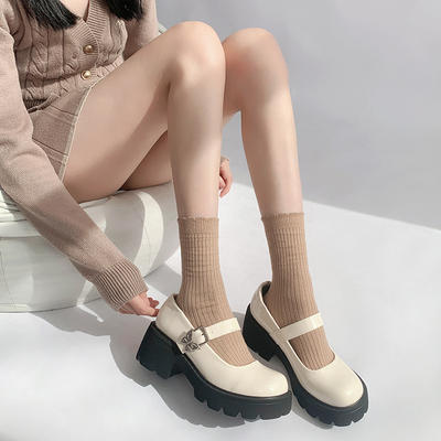 taobao agent 夜间教习室花边袜子女秋款lolita日系可爱咖色中筒袜坑条白色长袜