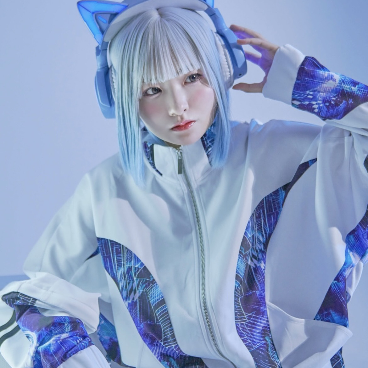 Japanese Harajuku style, ilil Cyber Electronics futuristic Y3K Angelic Karauma sportswear jacket and trousers suit for men.