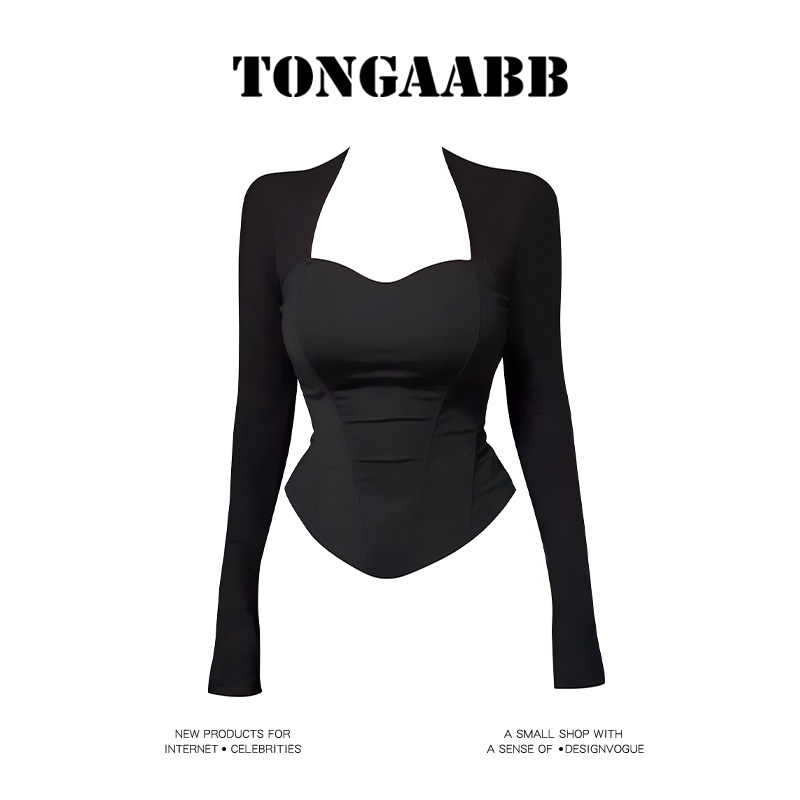 TONGAABB Black Fishbone Sleeve Long-Sleeve T-Shirt for Women, New Spring and Autumn Style, Slim Fit, Hot Girl Top