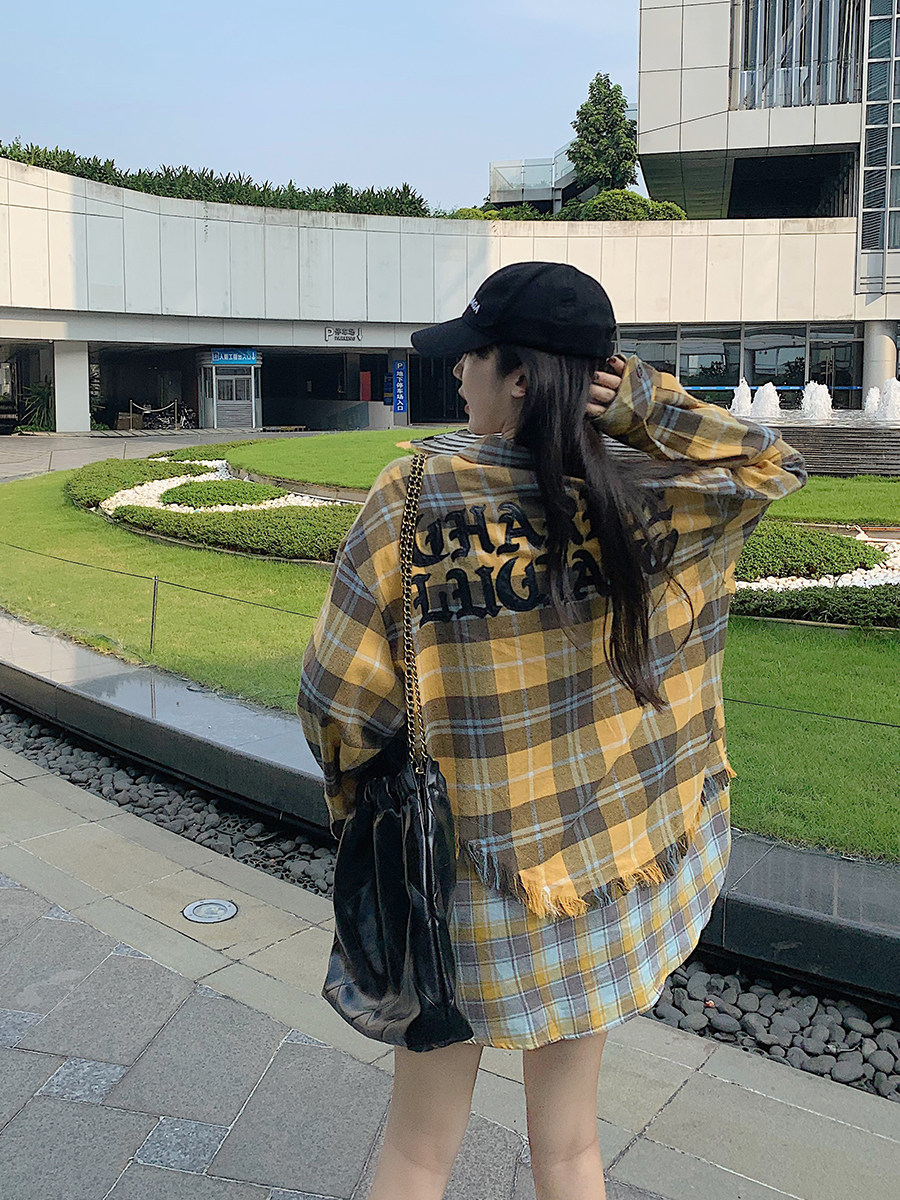 Zhuang Dani yellow plaid Sanskrit embroidered patchwork mid-length shirt, retro plaid women's spring and autumn top/coat