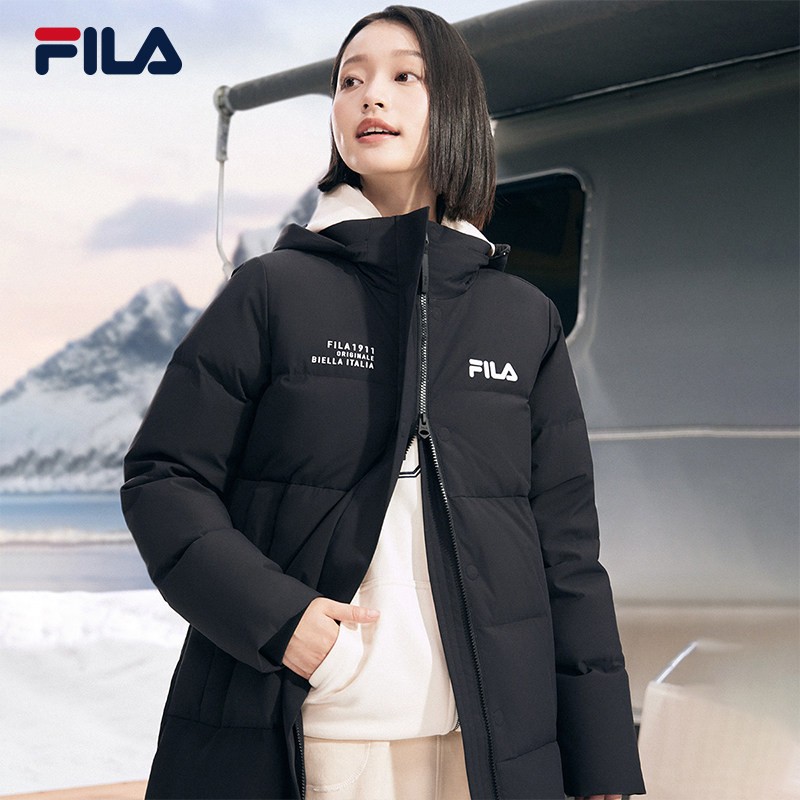 Женский пуховик FILA, осенне-зимняя утепленная куртка с капюшоном на молнии, длинная водоотталкивающая и противообрастающая теплая куртка для женщин
