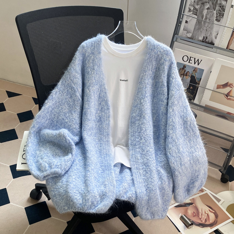 Мягкий восковой нежный свитер-жакет средней длины, женская осенняя одежда в ленивом стиле, свободный корейский вязаный кардиган с рукавами-фонариками