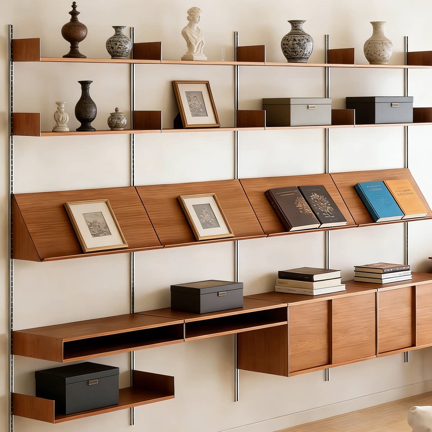 Стеллаж для книг vitsoe606 среднего возраста из нержавеющей стали, регулируемая фоновая настенная книжная полка, настенная витрина из массива дерева
