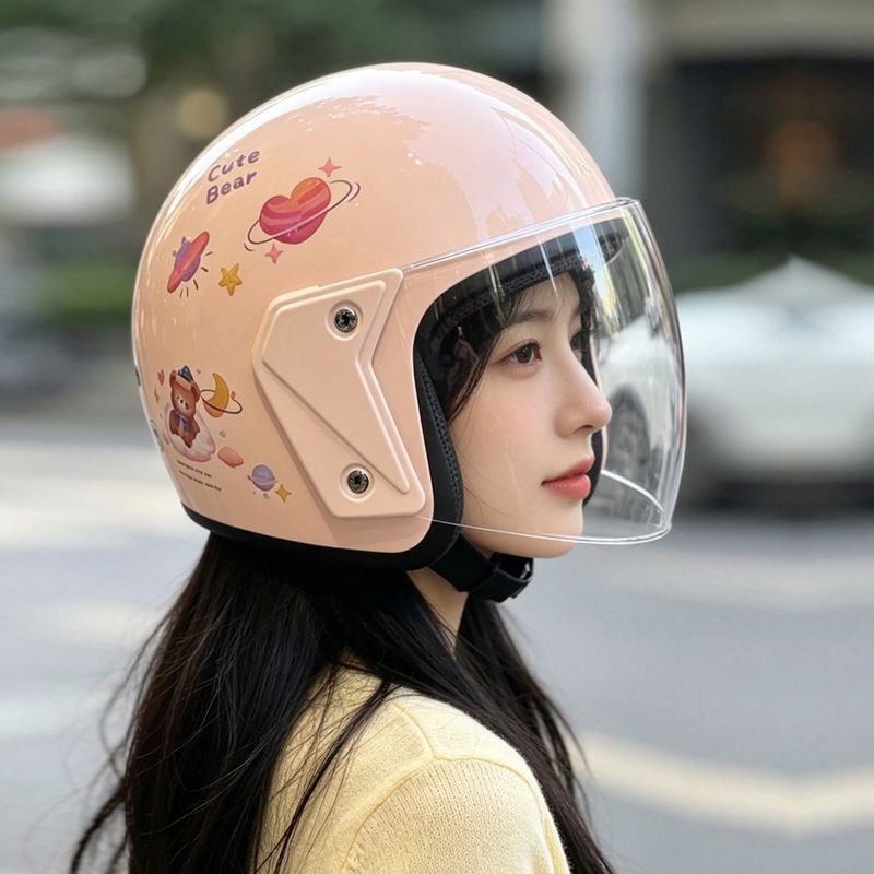 Summer electric bike helmet, motorcycle helmet, cartoon bear, all-season safety helmet, half helmet for electric vehicles, men and women.