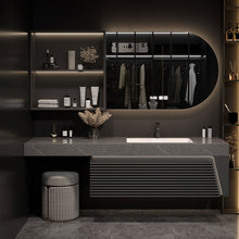 Hotel style intelligent oak bathroom cabinet, rock slab seamless sink, washbasin, dressing table, bathroom washbasin cabinet