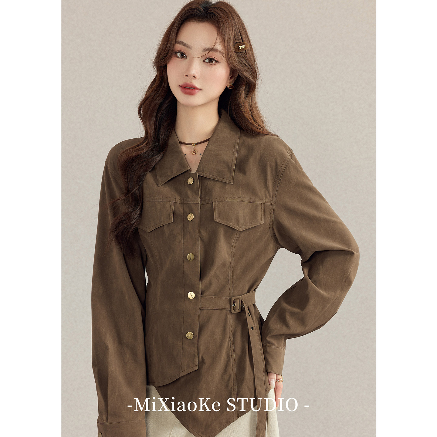 Mi Xiaoke Japanese Retro Brown Long-Sleeved Shirt Women's Autumn New Casual Loose Irregular Top for Petite Women