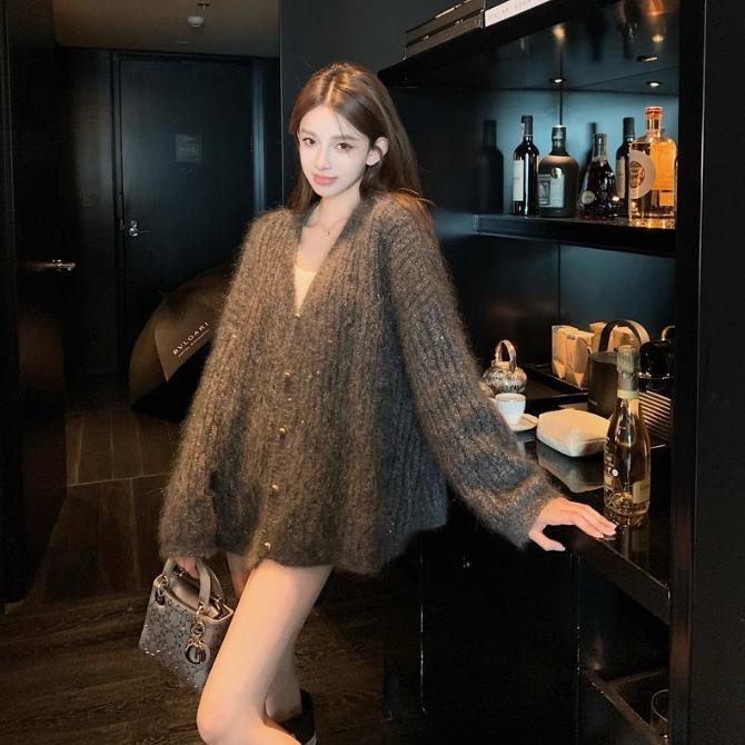 Позолоченная вязаная серия роскошных мохеровых пуловеров из золотого шелка, свитер, кардиган, утолщенная куртка, осенне-зимняя утолщенная верхняя одежда для женщин