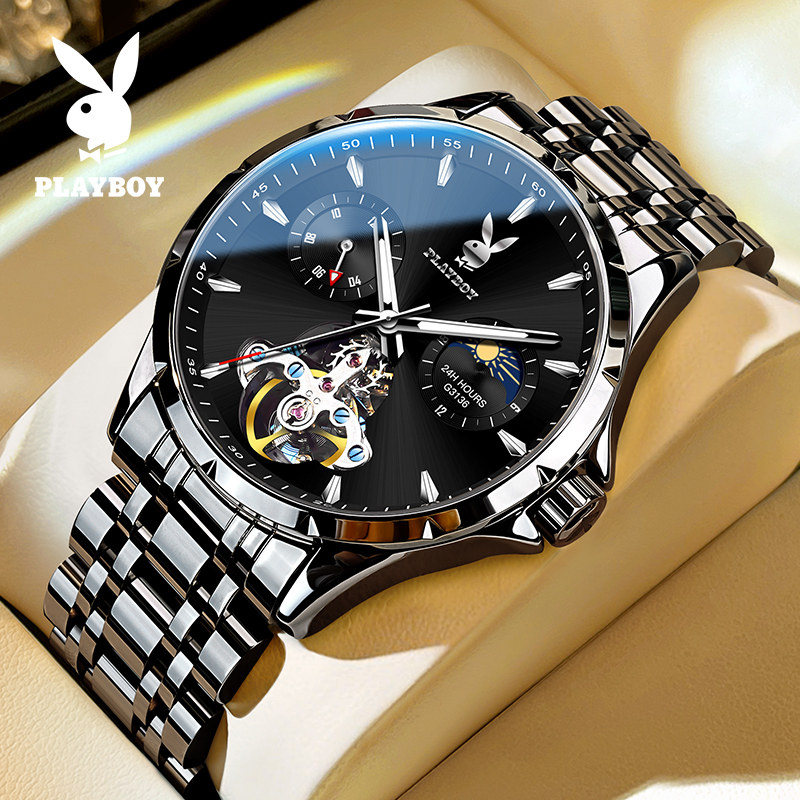 Новые черные часы Samurai Playboy watch, мужские механические часы trend, полые многофункциональные светящиеся часы известного бренда