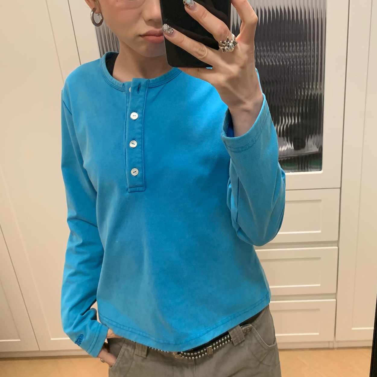 MMBBT solid color washing and old button embroidered long-sleeved T-shirt for women in spring and autumn new simple inner top base shirt