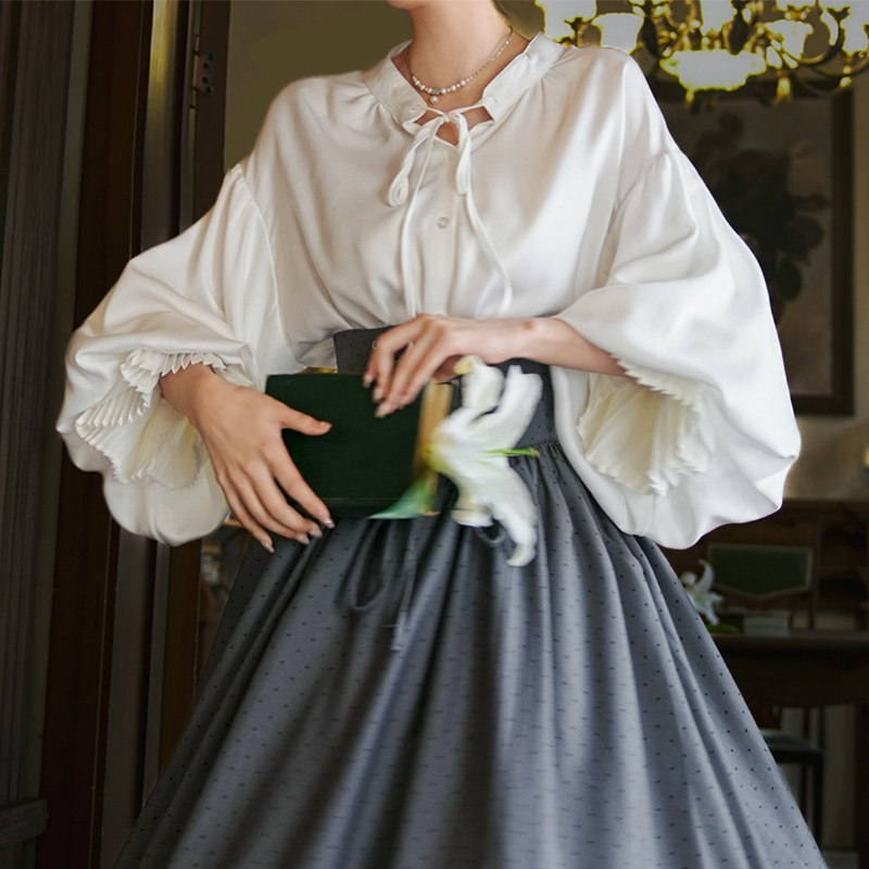 Mi'ai Original "Glassy Dream" Court Retro Victorian Lantern Sleeve Satin Loose White Shirt New Arrival
