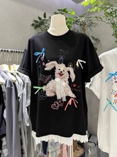 Bowtie puppy print loose short sleeved T-shirt for women