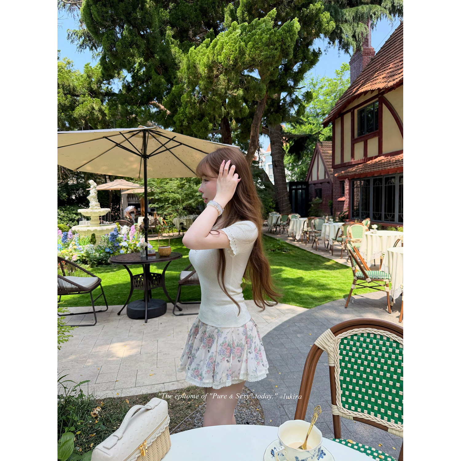 Lukira Evening Breeze Floral French Style Rose Floral Lace Trim Midi Skirt for Women, Summer High Waist Slimming Mini Skirt