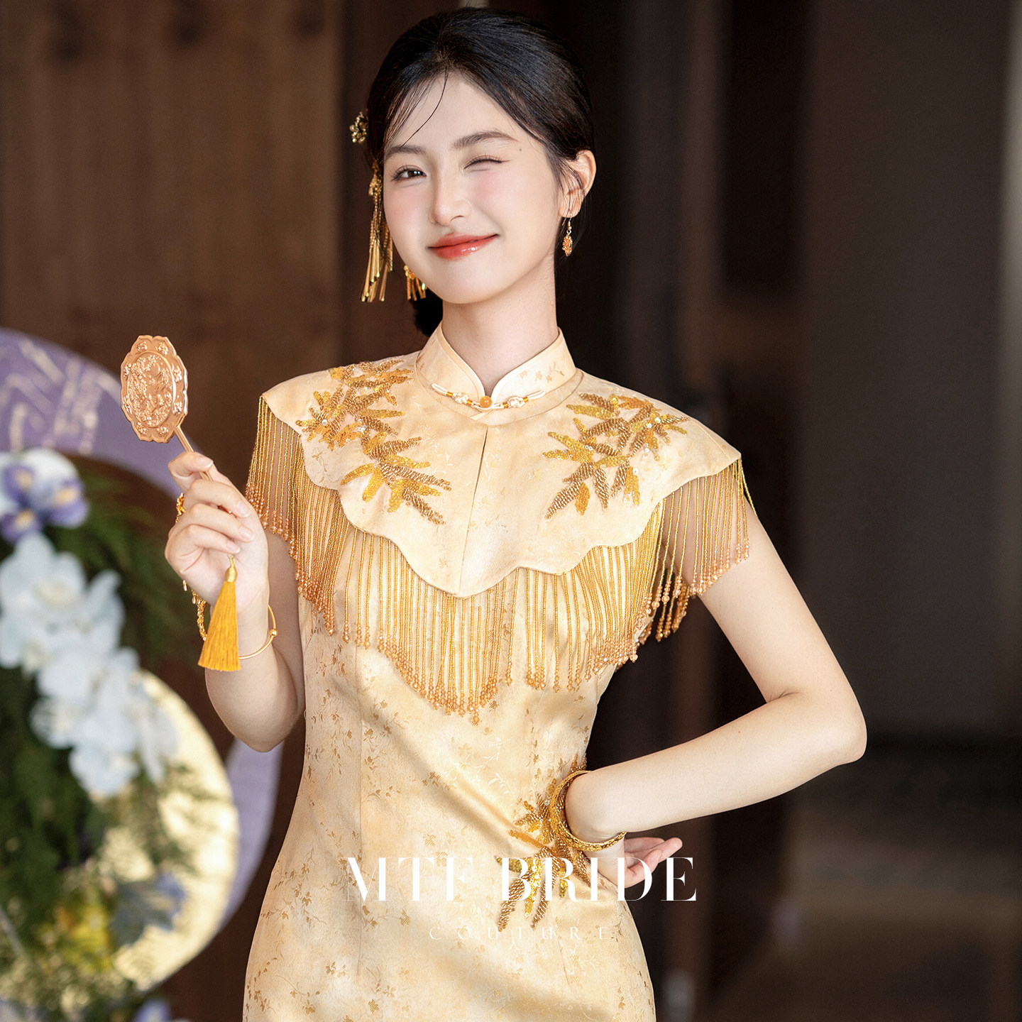 Man Tingfang [Позолоченная бамбуковая тень] Новое китайское платье для тостов Cheongsam Женская невеста с золотой кисточкой Свадебное платье для помолвки