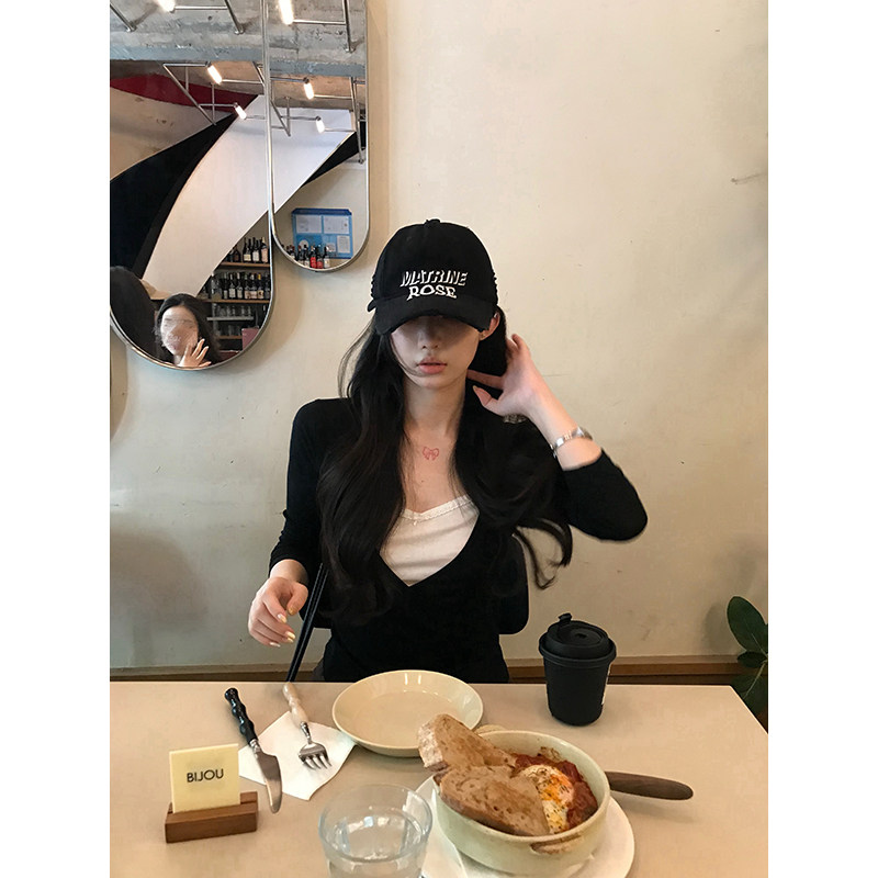 sheepland Seoul, ранняя осенняя черная футболка из искусственной кожи с V-образным вырезом, женская осенняя облегающая футболка с внутренним дном