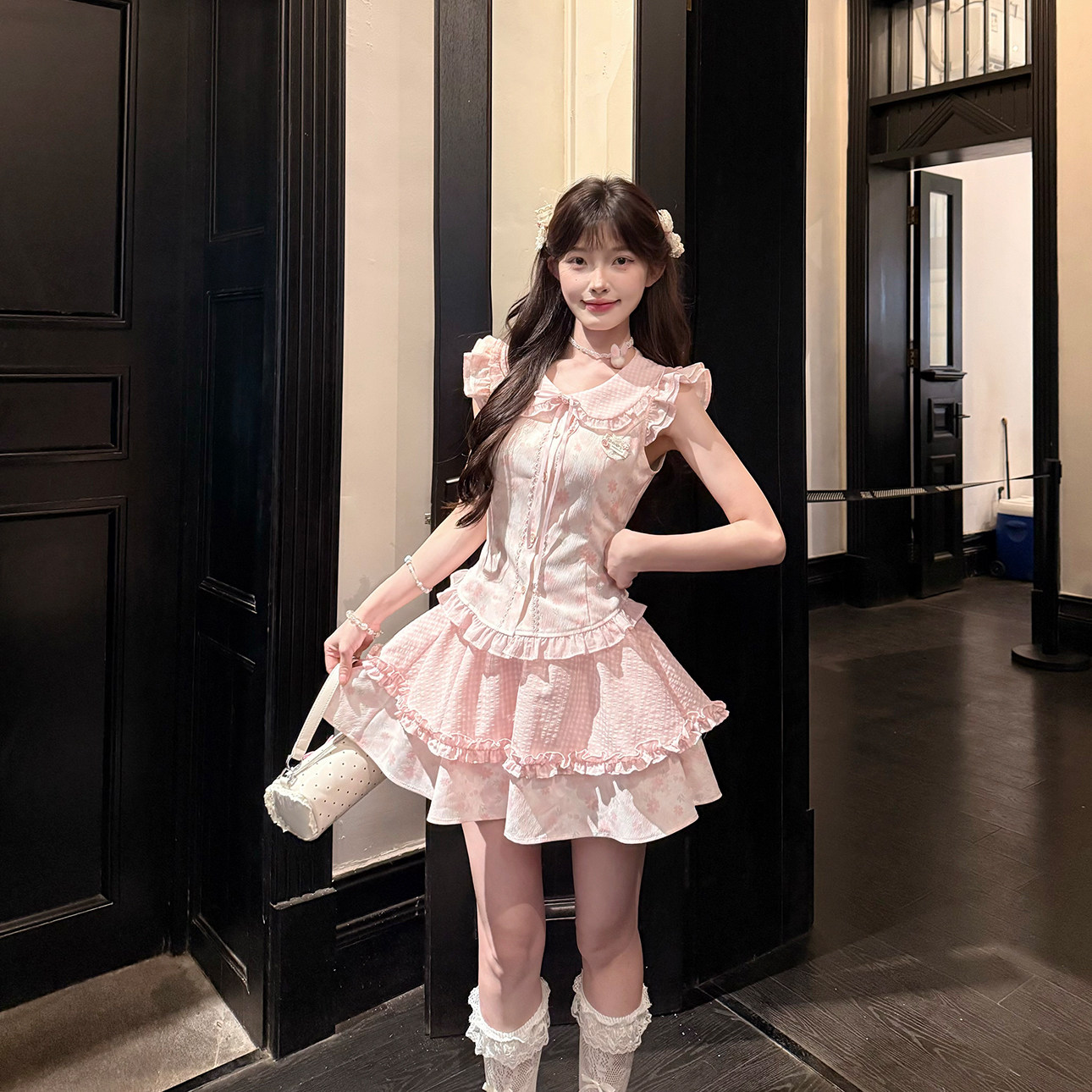 Kikyo House Cherry Blossom Milk Pudding Sweet Floral Print Peter Pan Collar Small Flutter Sleeves Fitted Waist Dress Summer Outfit