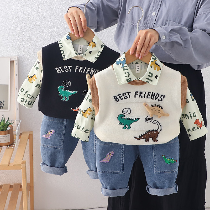 Детская осенняя одежда для маленьких мальчиков 1-2-3-4 лет, свитер с героями мультфильмов, жилет-тройка, весенний костюм для маленьких мальчиков 7-9 месяцев