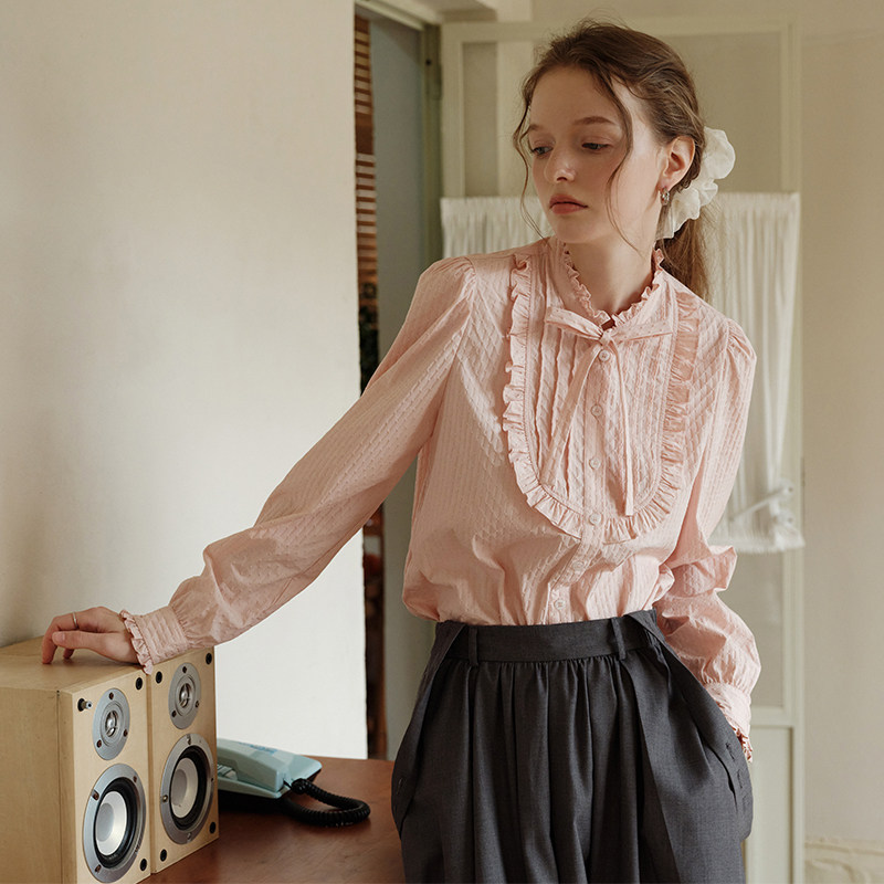 ISISLOVE French-style pink ruffled collar shirt, unique design, early autumn new style women's top.