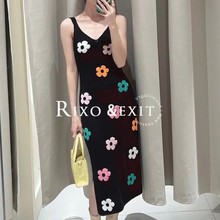 RIXO EXIT French niche urban style design, black flower embroidered knitted dress for women in summer