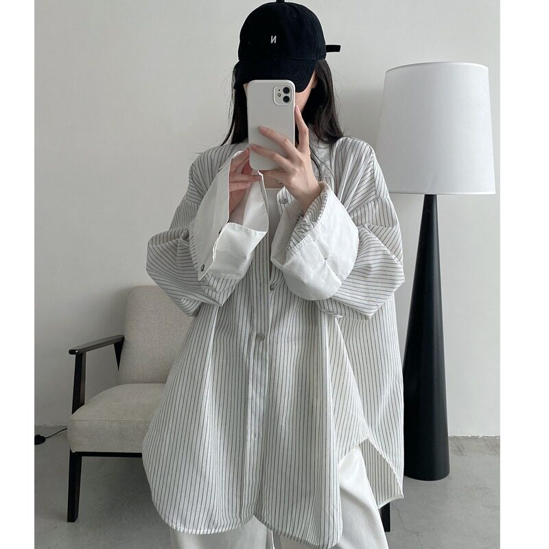 Retro-style linen and cotton white striped oversized sleeve shirt for women, long-sleeved top.