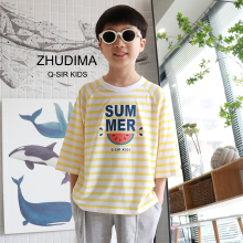 Children's and boys' quarter sleeved t-shirt loose medium sleeved t-shirt top baby half