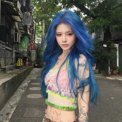 taobao agent 蕾丝蓝色假发女全头套网红写真八字刘海大波浪卷发长发万用cos