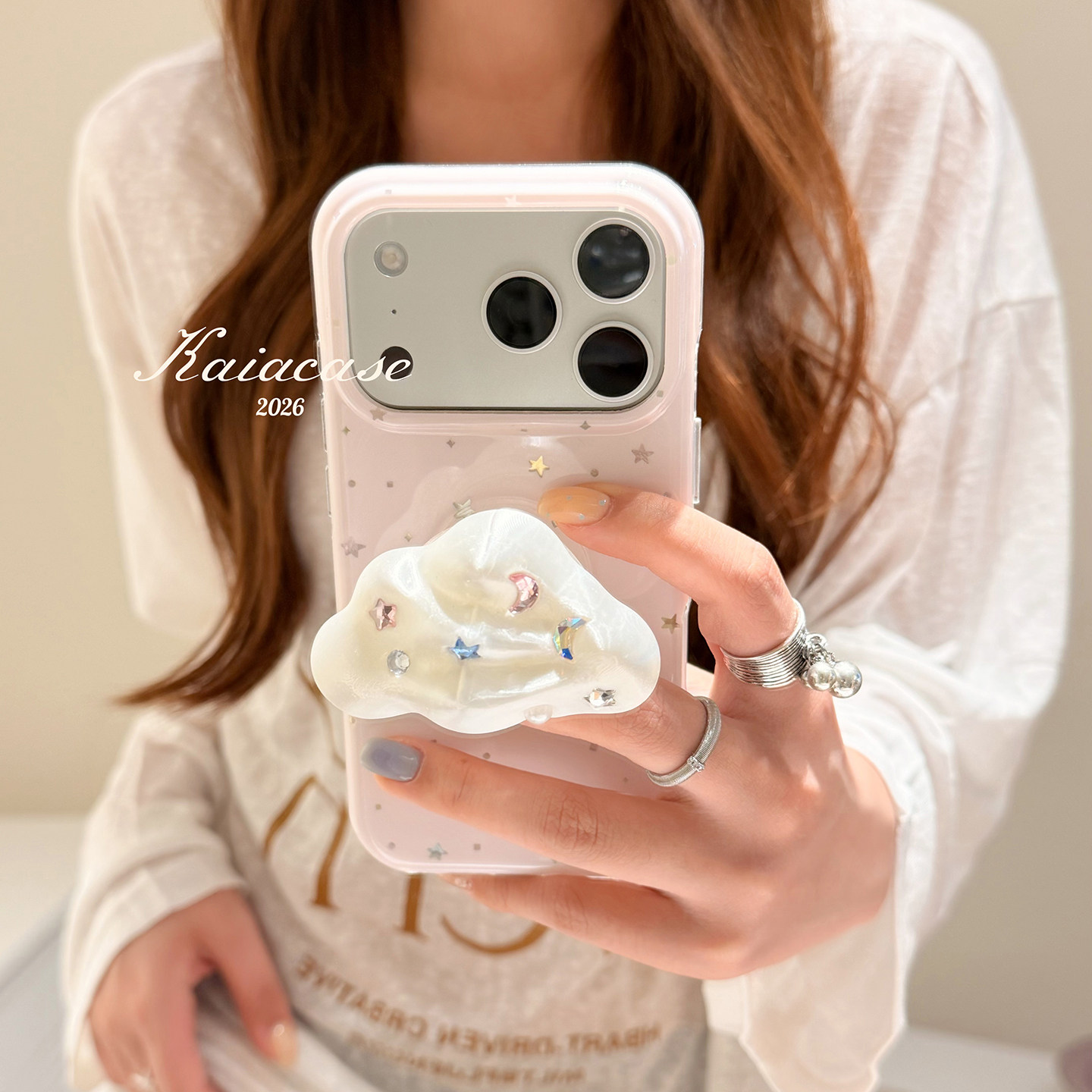 Kaia Gentle Pink Star 3D Rhinestone Cloud Case for Apple iPhone 17 Pro Max, iPhone 16 Pro, New Style for 13 Women, 14 Pro with Stand, 15 Pro Full Coverage Drop-Proof Phone Case