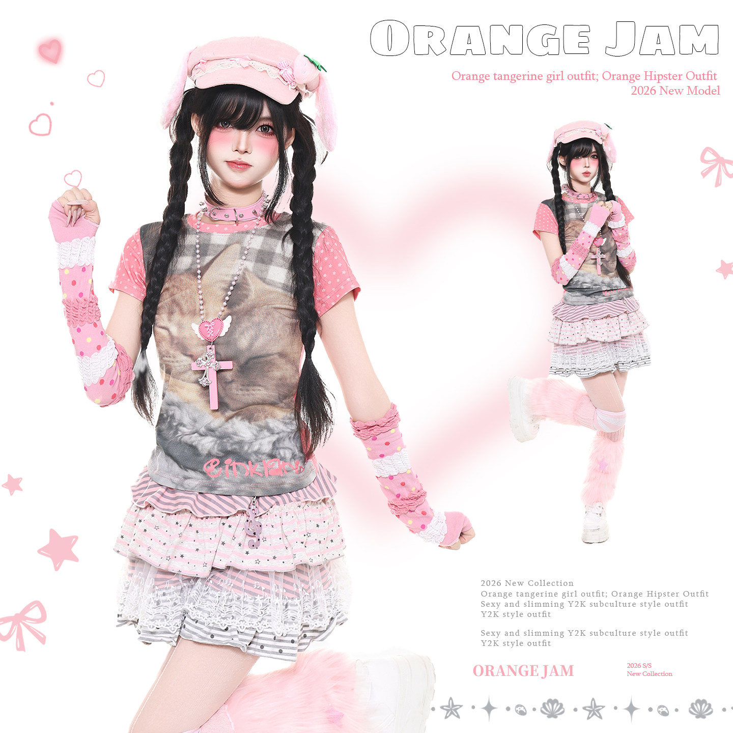 Orange Jam YO Japanese Magazine Style Dopamine Pink Cute Cat T-Shirt Women's Summer Slim Fit Short Shoulder Top