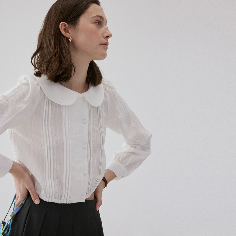"Wasabi Pie VOOE" French Peter Pan Collar Ruffled Short Shirt Women's Autumn New Style Artistic and College Style Top