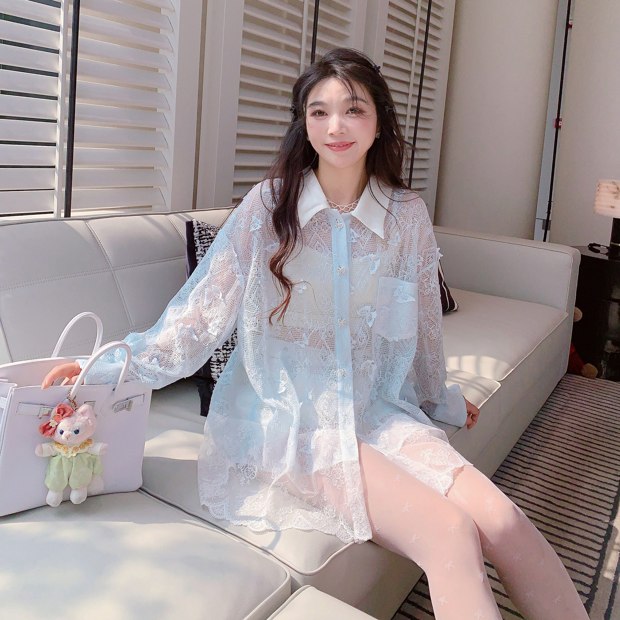 MissLuxury Blue Butterfly Light Gauze Blue Butterfly Hollow-out Sunscreen Shirt Women's Summer Air Conditioning Lace Shirt