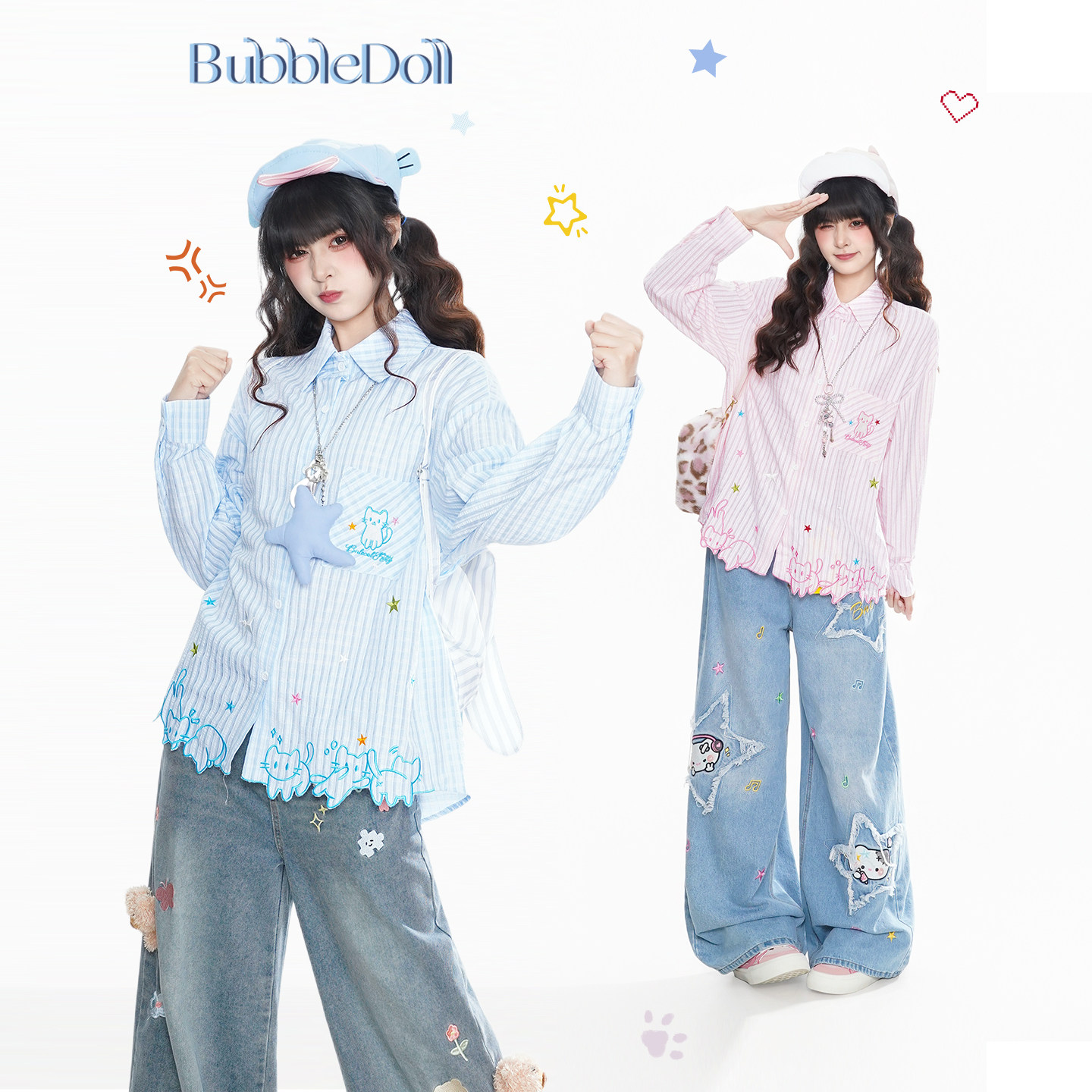 BubbleDoll Korean-style sweet cat-themed long-sleeved striped shirt for women, early autumn style, loose fit, versatile top.