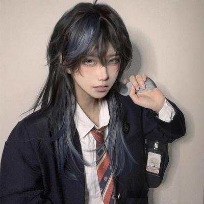 taobao agent 狼尾鲻鱼头假发黑蓝挑染亚比少年感男生二次元基佬亚比日常武士头