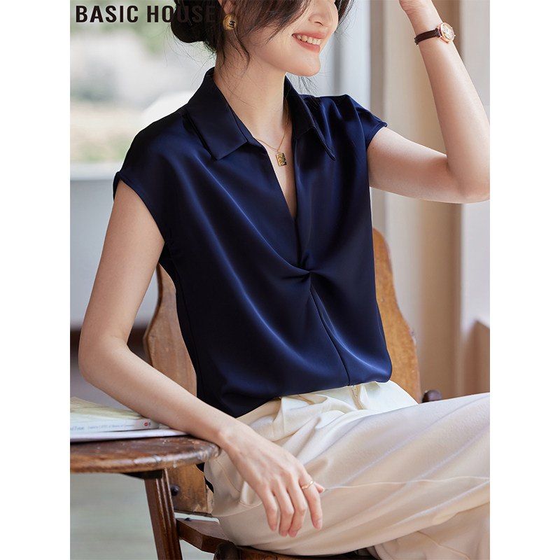 Basic House Blue V-Neck Button-Up Short-Sleeve Shirt Women's Summer Thin Ice Silk Satin Shirt