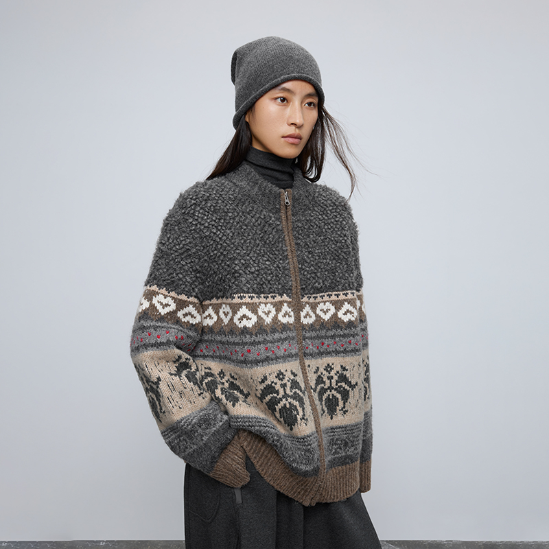 Женская одежда из пряжи Circle и полукруга [ретро] 2025, осенне-зимний свободный свитер с воротником-стойкой и рисунком Fair Isle, вязаный свитер для женщин