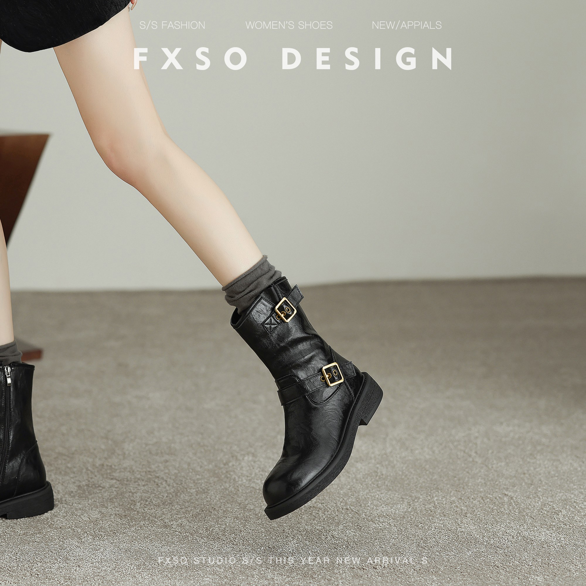 Fangxiang/ ботинки Martin с пряжкой на ремне в британском стиле; коллекция 2025 года; сезон осень-зима; новые женские ботинки в западном стиле на плоской подошве с круглым носком